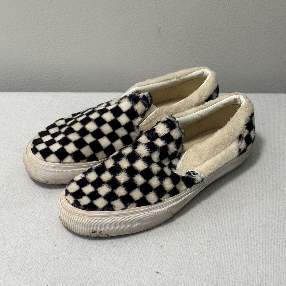 Vans Slip-On Checkerboard Fur Sneakers in Black and Cream
